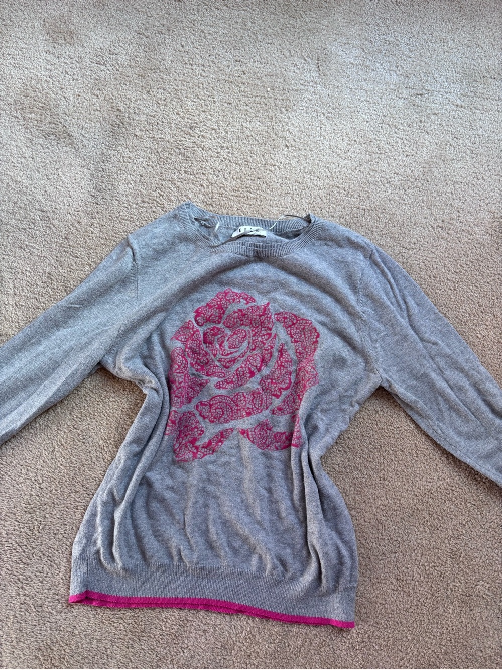 Gray Sweater with Pink Rose Graphic - Women's Crewneck